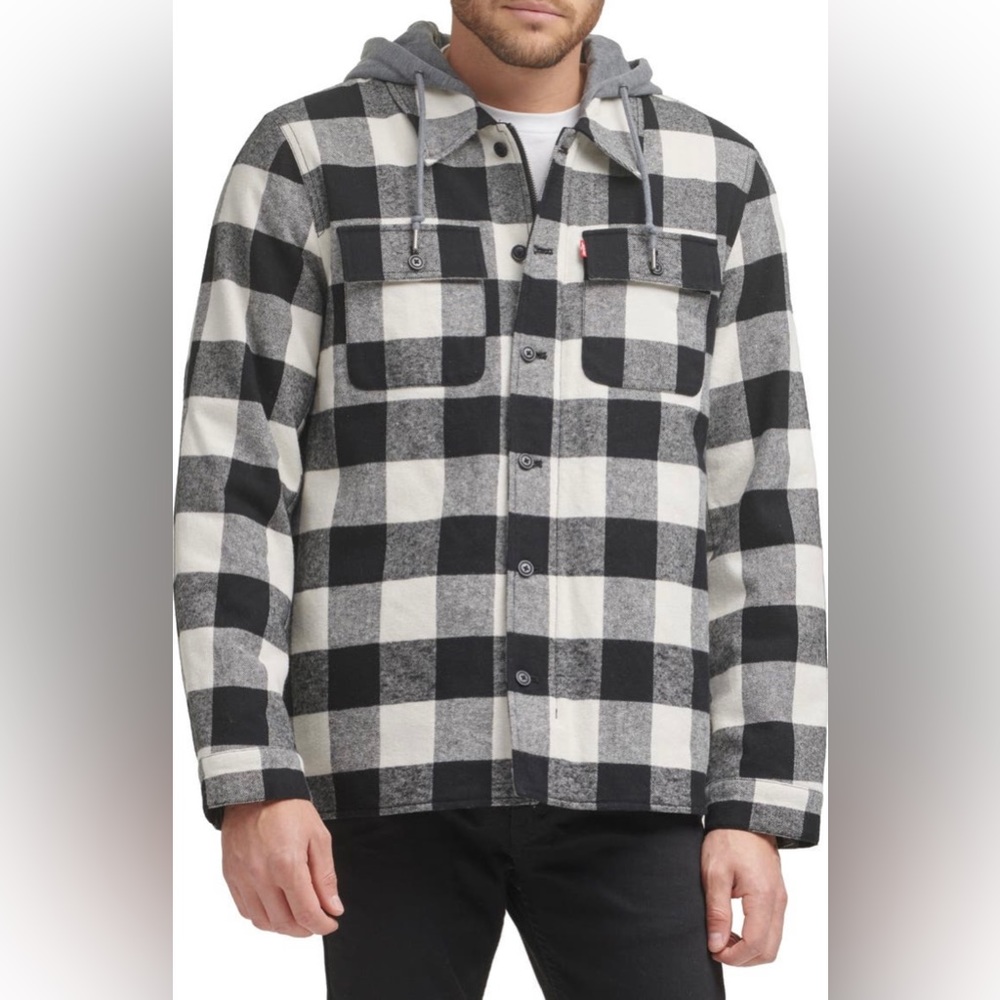NEW, LEVI’s Plaid Faux Shearling Lined Jersey Hood Shirt Jacket, black white